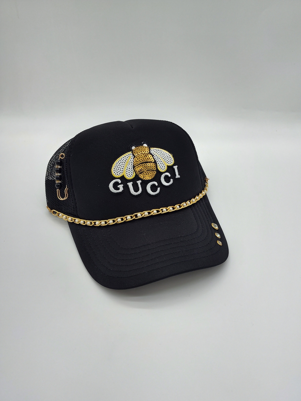 Handmade GUCCI Bee Embellished Black Trucker Hat Pearl Chain Crystal Custom
